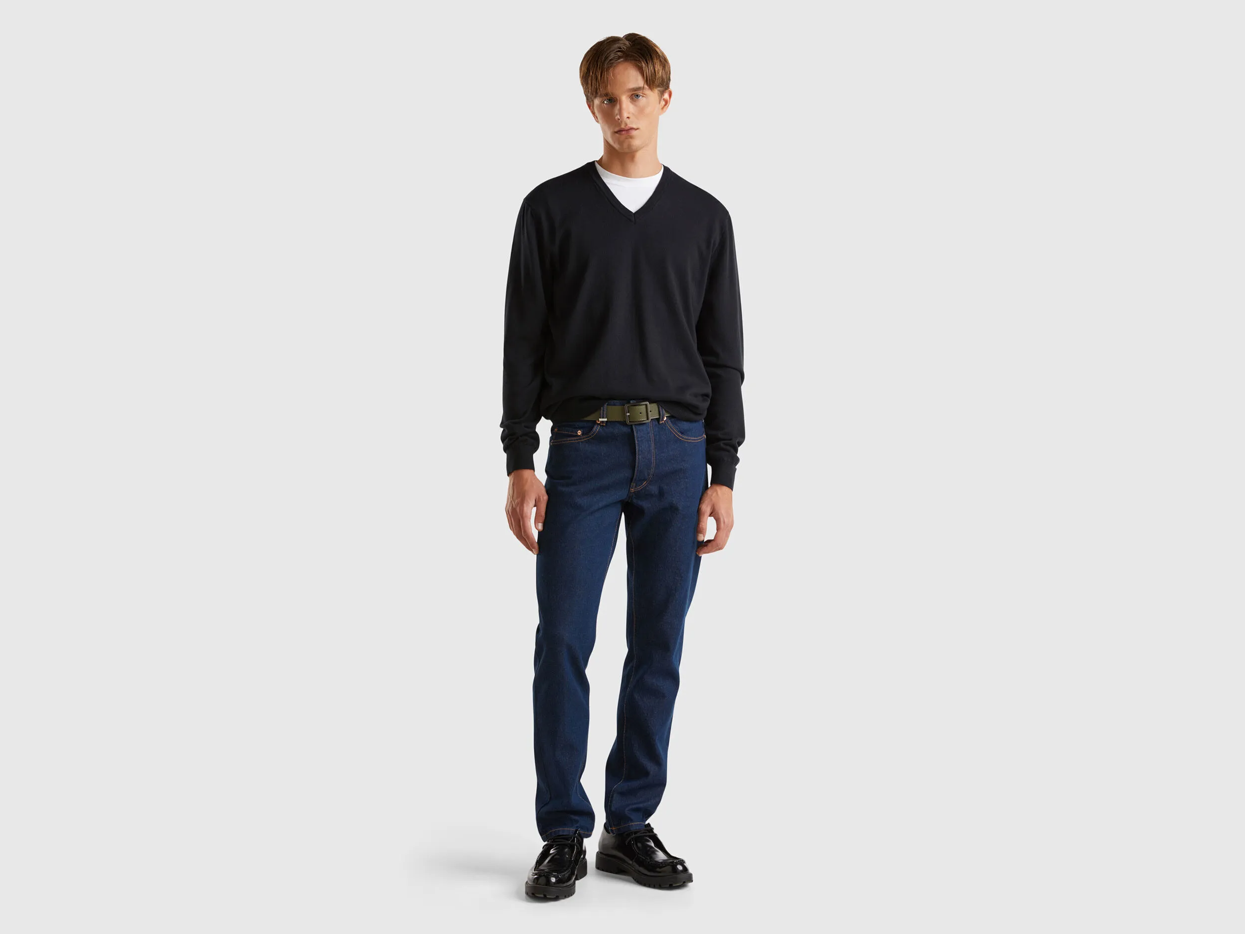 V-neck sweater in pure cotton - Black | Benetton