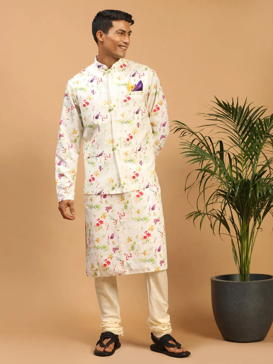 VASTRAMAY Cream Printed Nehru Jacket And Multicolor-base Printed Kurta With Cream Pyjama Set