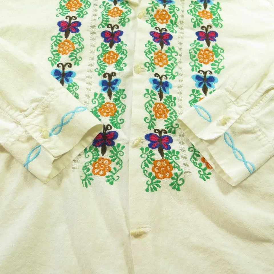 Vintage 60s Embroidered Bees Hippie Shirt Mens 42 Flower Power