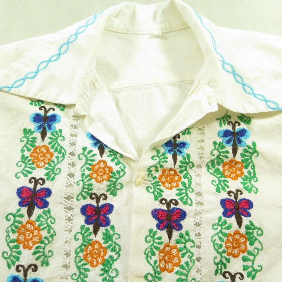 Vintage 60s Embroidered Bees Hippie Shirt Mens 42 Flower Power