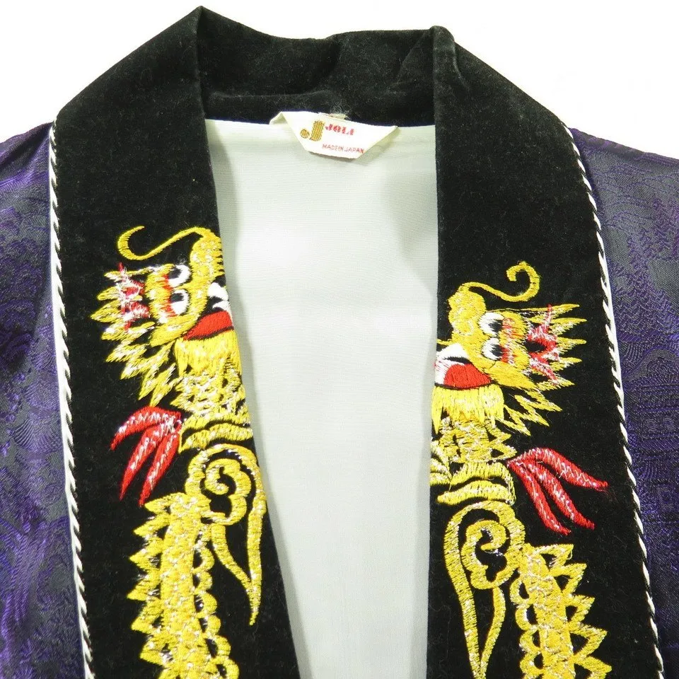 Vintage 70s Joli Embroidered Dragon Silk Robe Mens L