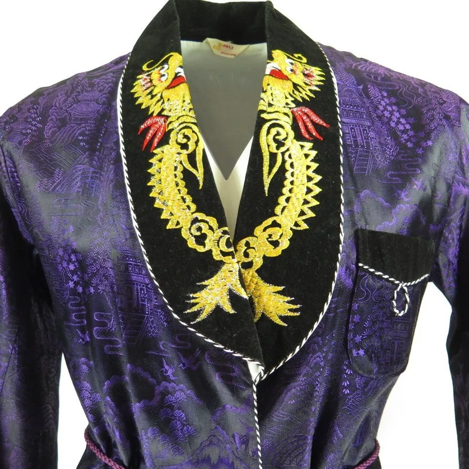 Vintage 70s Joli Embroidered Dragon Silk Robe Mens L