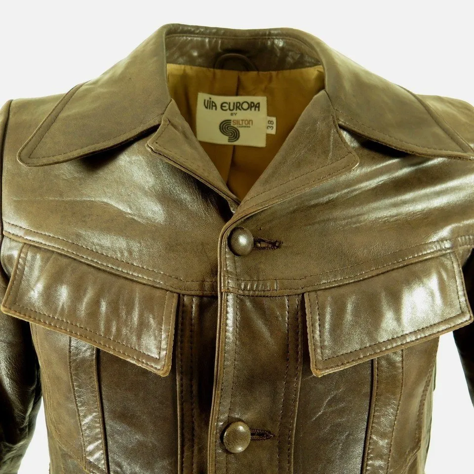 Vintage 70s Leather Jacket Mens 38 Europa Silton Waist Straps Fully Lined