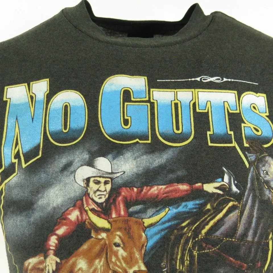 Vintage 80s 3D Emblem Western T-shirt Mens M No Guts No Glory 50/50 Rodeo Cowboy