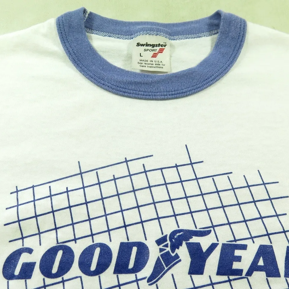 Vintage 80s Goodyear T-shirt Mens L Eagle 50/50 White Swingster Thin Soft