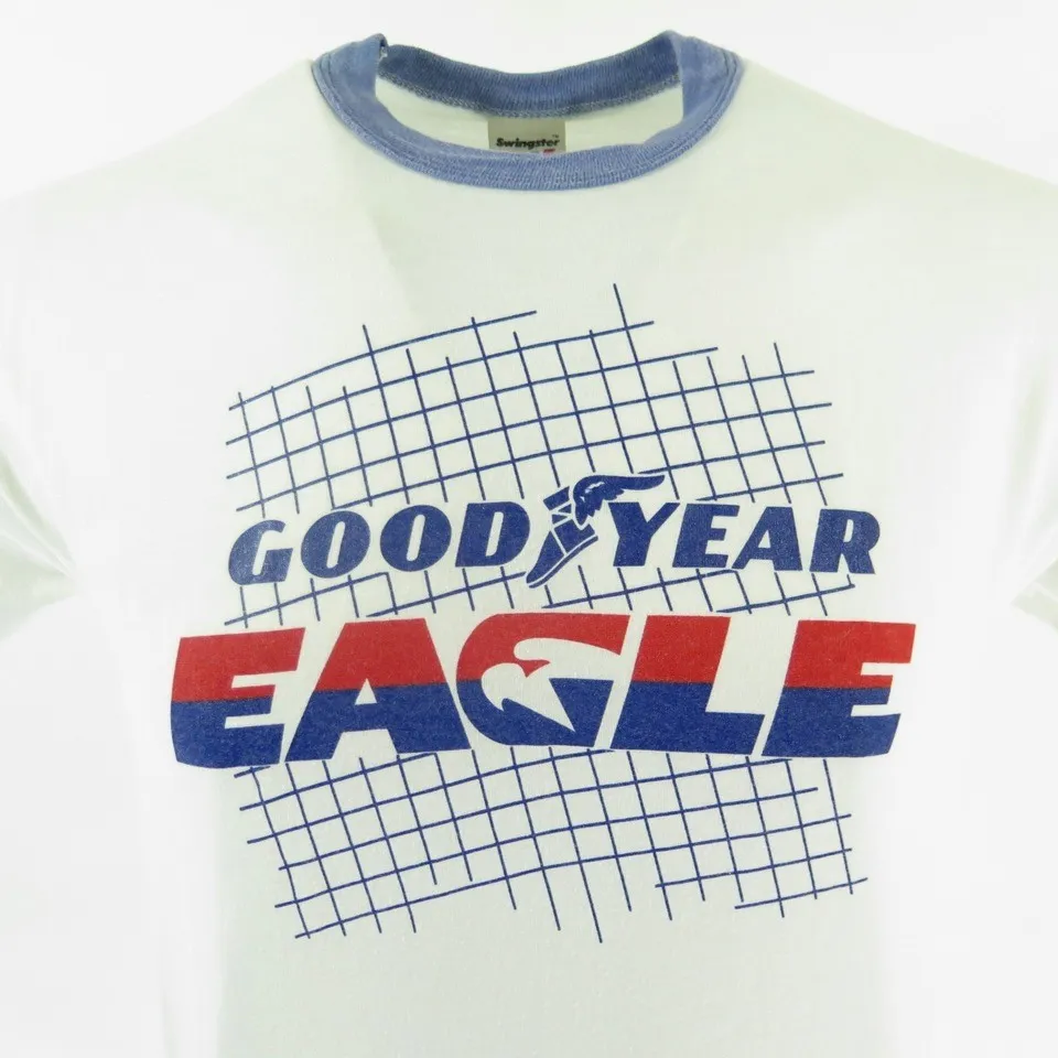 Vintage 80s Goodyear T-shirt Mens L Eagle 50/50 White Swingster Thin Soft