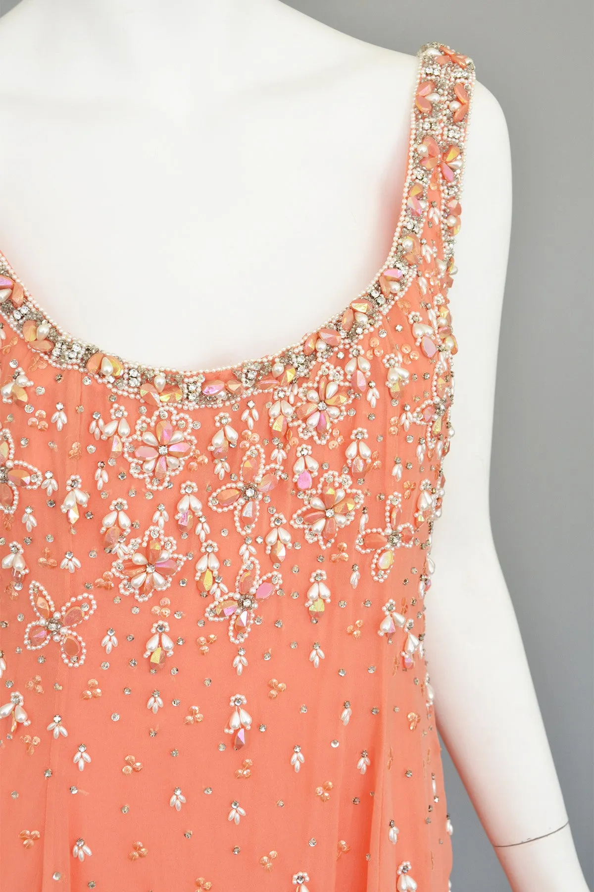 Vtg 1970s Coral Beaded Chiffon A-Line Trapeze Dress