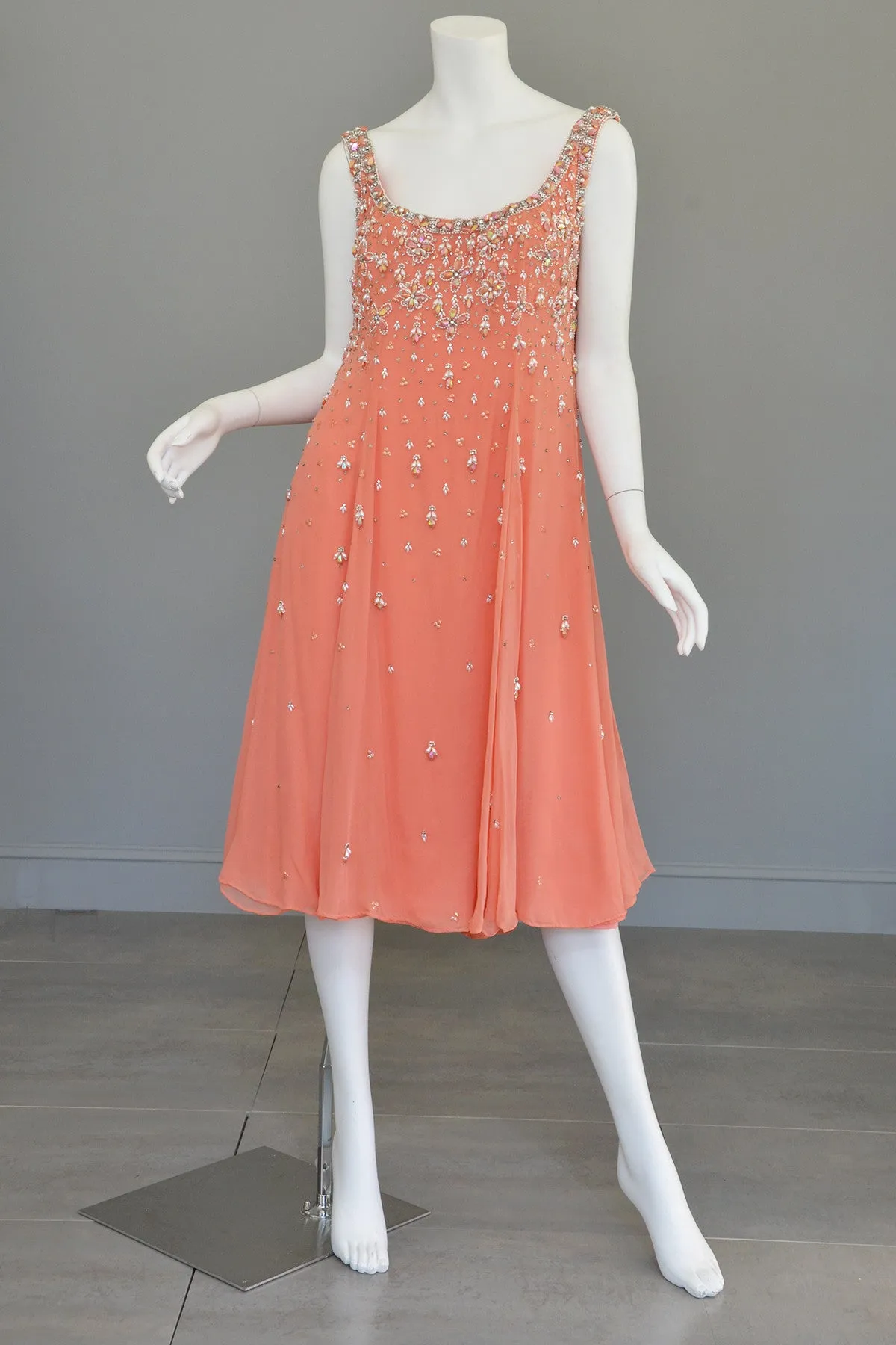 Vtg 1970s Coral Beaded Chiffon A-Line Trapeze Dress