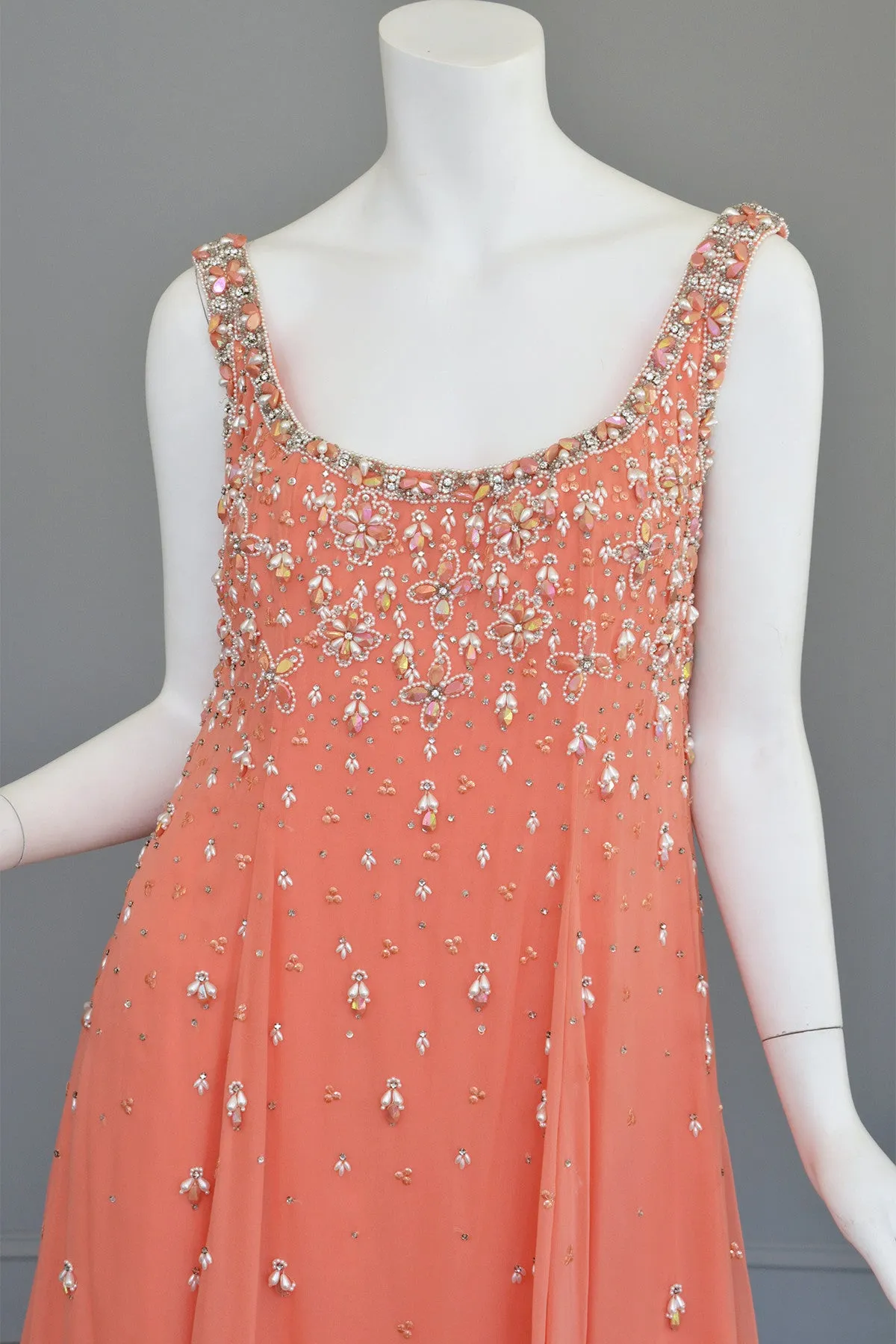 Vtg 1970s Coral Beaded Chiffon A-Line Trapeze Dress