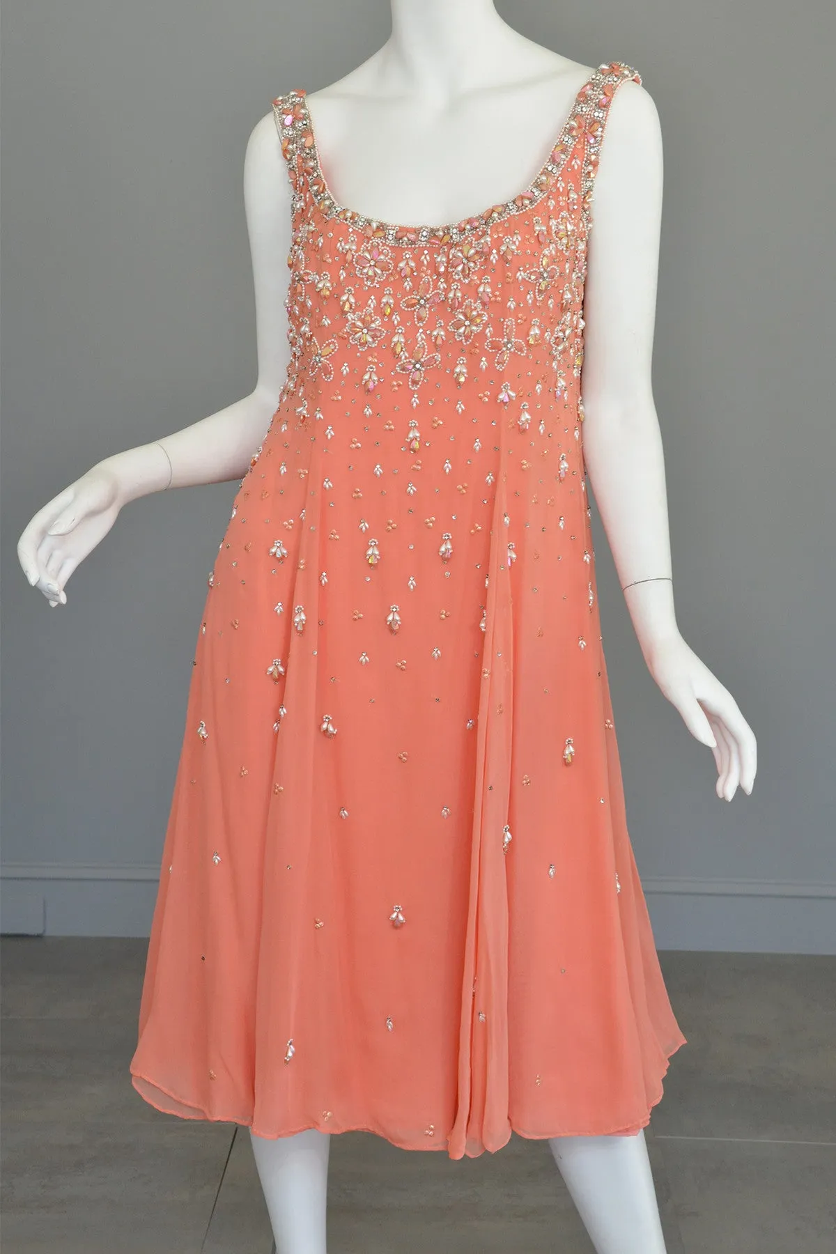 Vtg 1970s Coral Beaded Chiffon A-Line Trapeze Dress