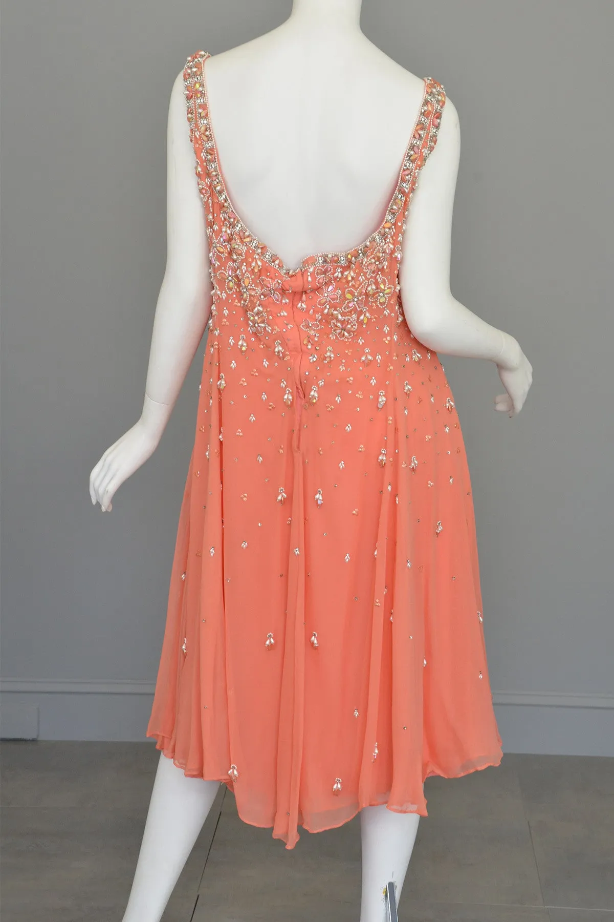 Vtg 1970s Coral Beaded Chiffon A-Line Trapeze Dress