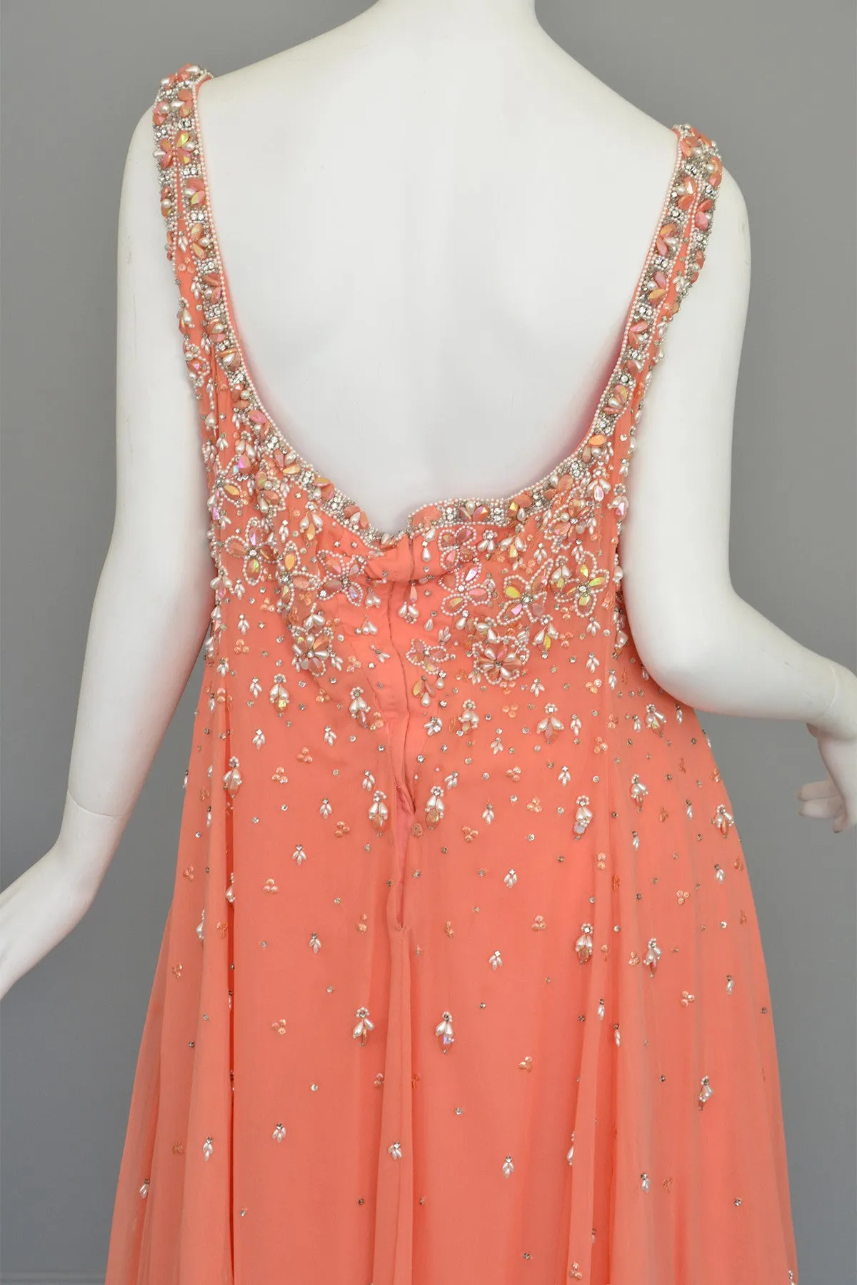 Vtg 1970s Coral Beaded Chiffon A-Line Trapeze Dress