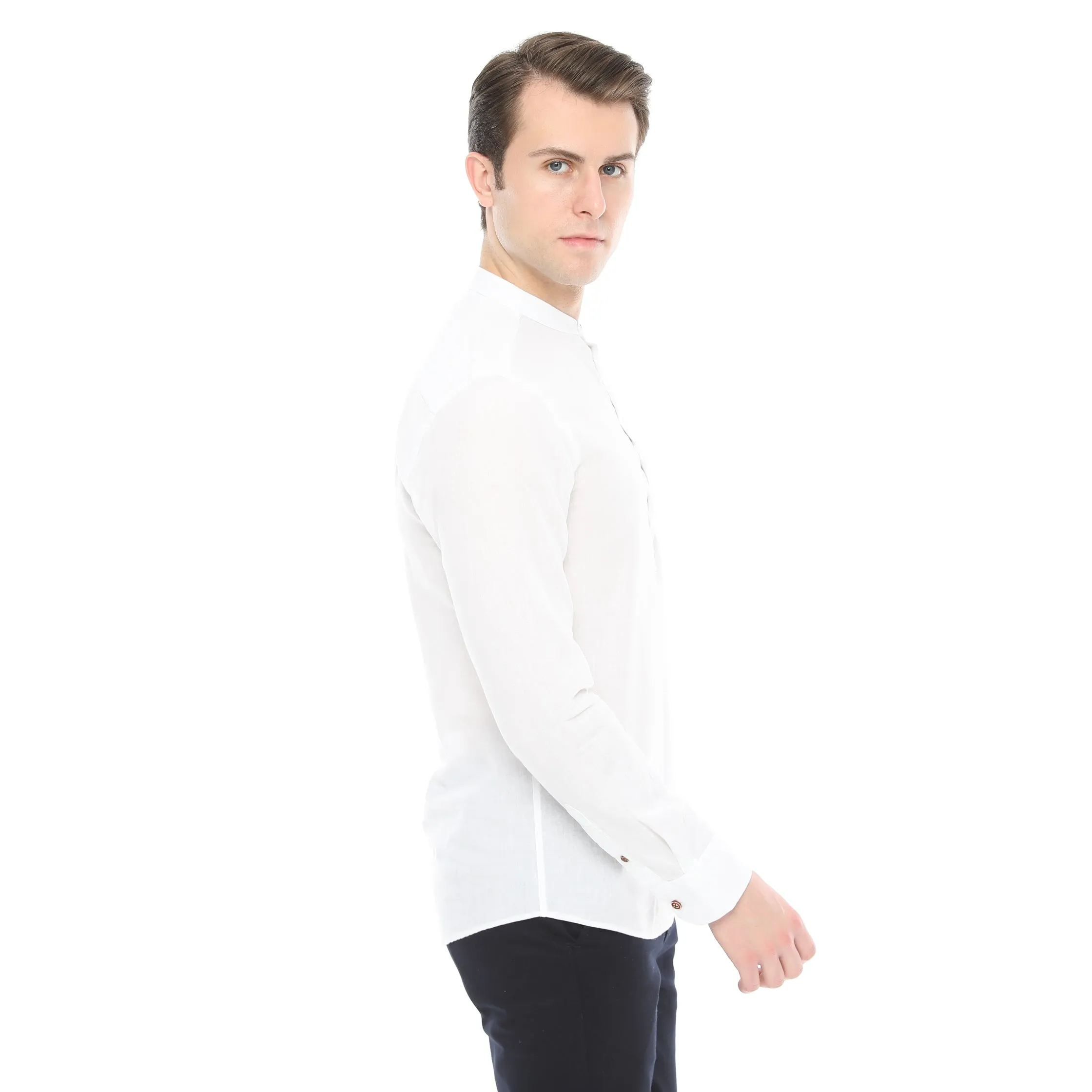 Xact Mens Cotton Linen Grandad Band Collar Tunic Shirt - Long Sleeved