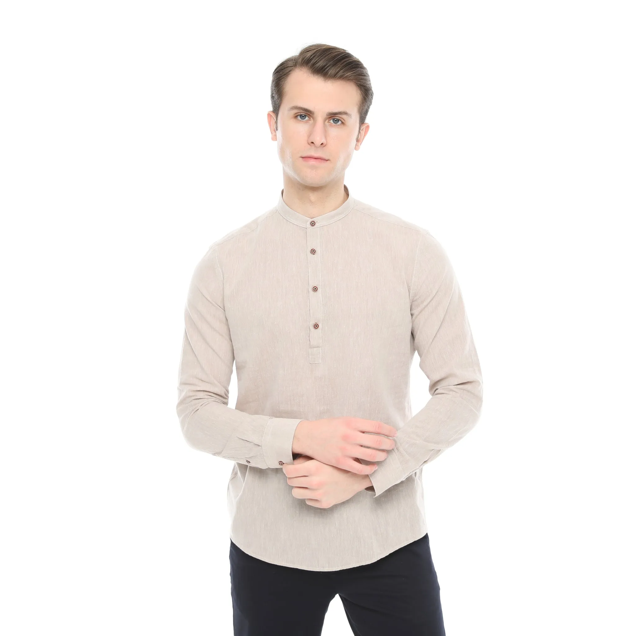 Xact Mens Cotton Linen Grandad Band Collar Tunic Shirt - Long Sleeved